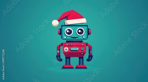 Festive AI Robot in Santa Hat - Cheerful Stylized Flat Vector Design