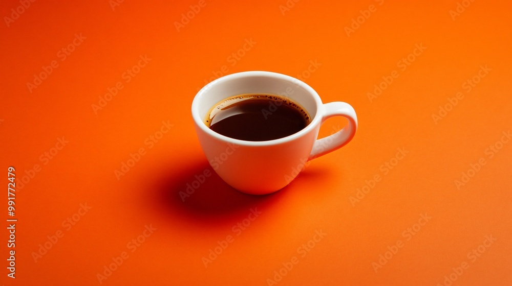 A white ceramic cup filled with black coffee sits on an orange surface. A white ceramic cup filled with black coffee sits on an orange surface.
