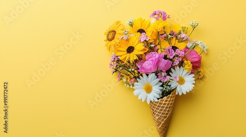  A yellow wall adorned with a cone of flowers on top and surrounded by a sea of blooms