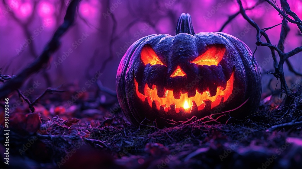   A jack-o'-lantern carved into a pumpkin and illuminated by glowing eyes, nestled in a spooky woodland setting bathed in soft purple light