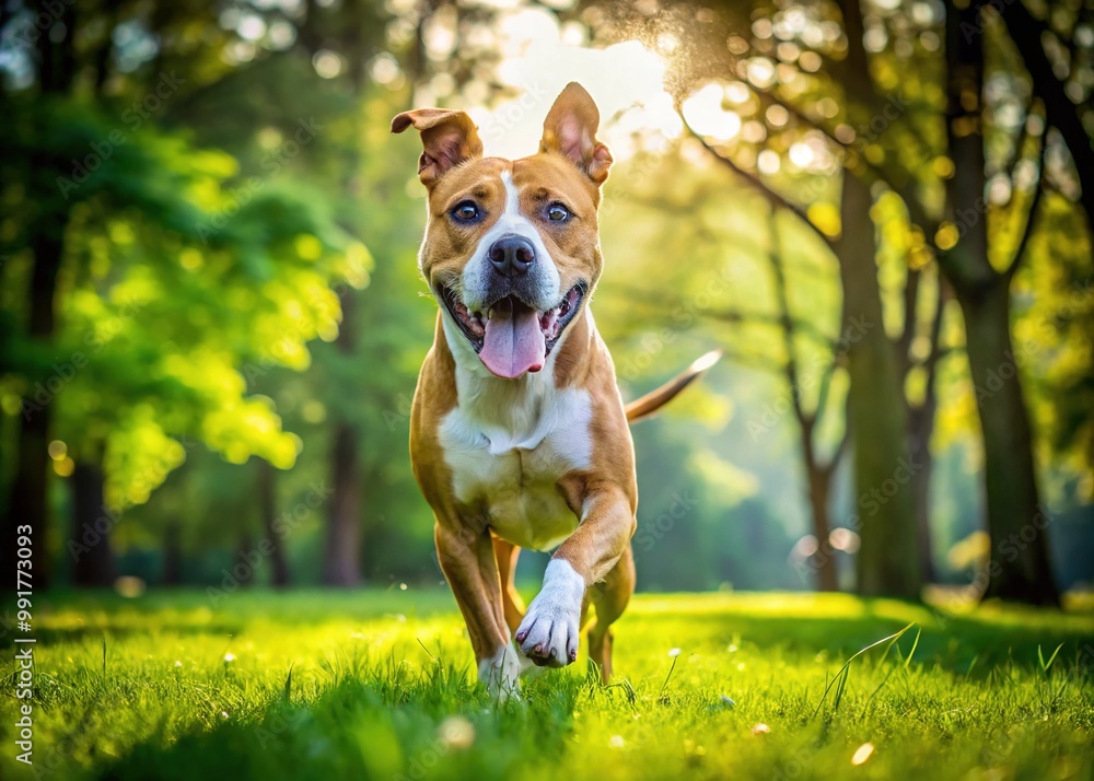 Energetic Pit Bull Terrier Boxer Mix Playing Outdoors in a Sunny Park Full of Green Grass and Trees Energetic Pit Bull Terrier Boxer Mix Playing Outdoors in a Sunny Park Full of Green Grass and Trees