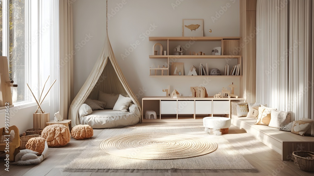 Modern Minimalist Playroom with Cozy Furnishings and Natural Accents Modern Minimalist Playroom with Cozy Furnishings and Natural Accents