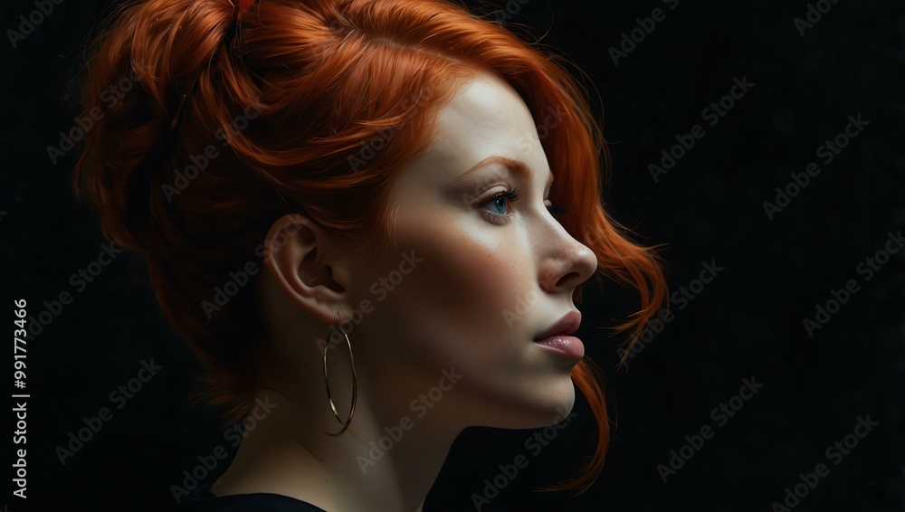 Profile painting of a woman with red hair on a black background. Profile painting of a woman with red hair on a black background.