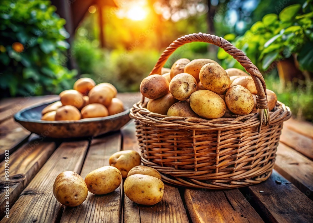Freshly harvested patatas arranged in a rustic basket on a wooden table with natural lighting Freshly harvested patatas arranged in a rustic basket on a wooden table with natural lighting