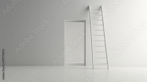 A white door and a ladder against a white wall.