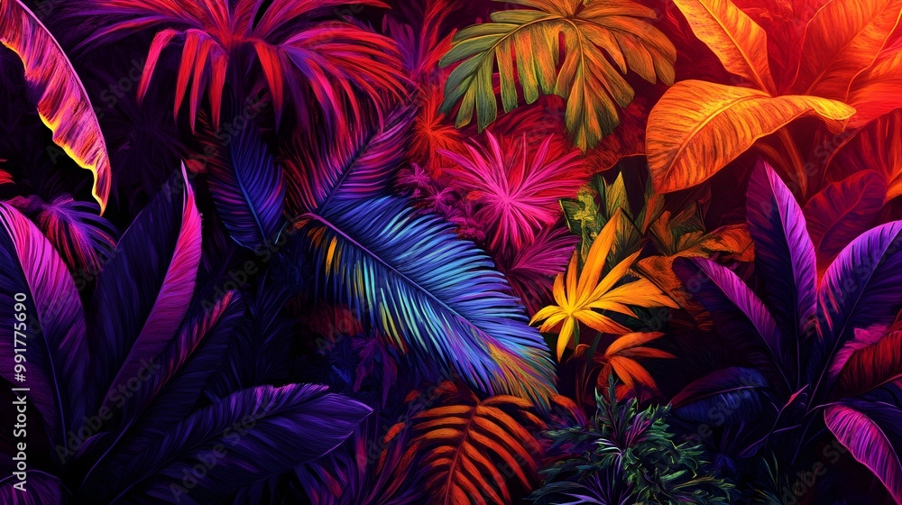 Radiant Neon Plant Life in Luxuriant Tropical Foliage with Captivating Color Gradients and Hypnotic Visual Rhythms Radiant Neon Plant Life in Luxuriant Tropical Foliage with Captivating Color Gradients and Hypnotic Visual Rhythms