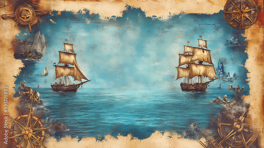 Blue sea with ships old paper antique pirate map treasure hunt ...