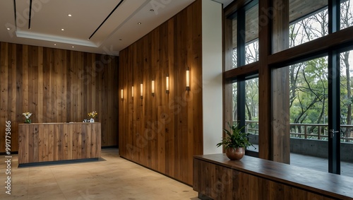 Reception area with wooden wall and windows.