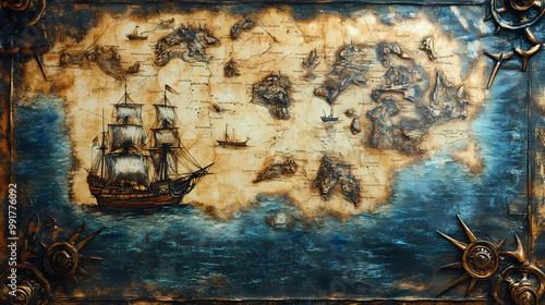 Blue sea with ships old paper antique pirate map treasure hunt landscape orientation. Pirate Treasure Map. Illustration photo