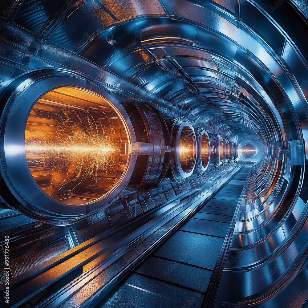 Futuristic particle accelerator corridor with glowing energy bursts and sleek design Futuristic particle accelerator corridor with glowing energy bursts and sleek design