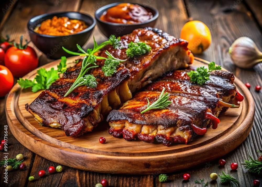 Juicy and Flavorful True Ribs Grilled to Perfection on a Rustic Wooden Platter with Garnish Juicy and Flavorful True Ribs Grilled to Perfection on a Rustic Wooden Platter with Garnish