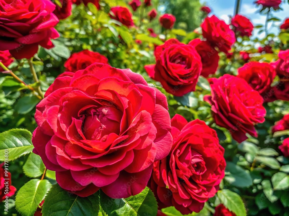 Lush Blooming Deep Red Roses in Full Bloom with Green Leaves on a Soft Focus Background