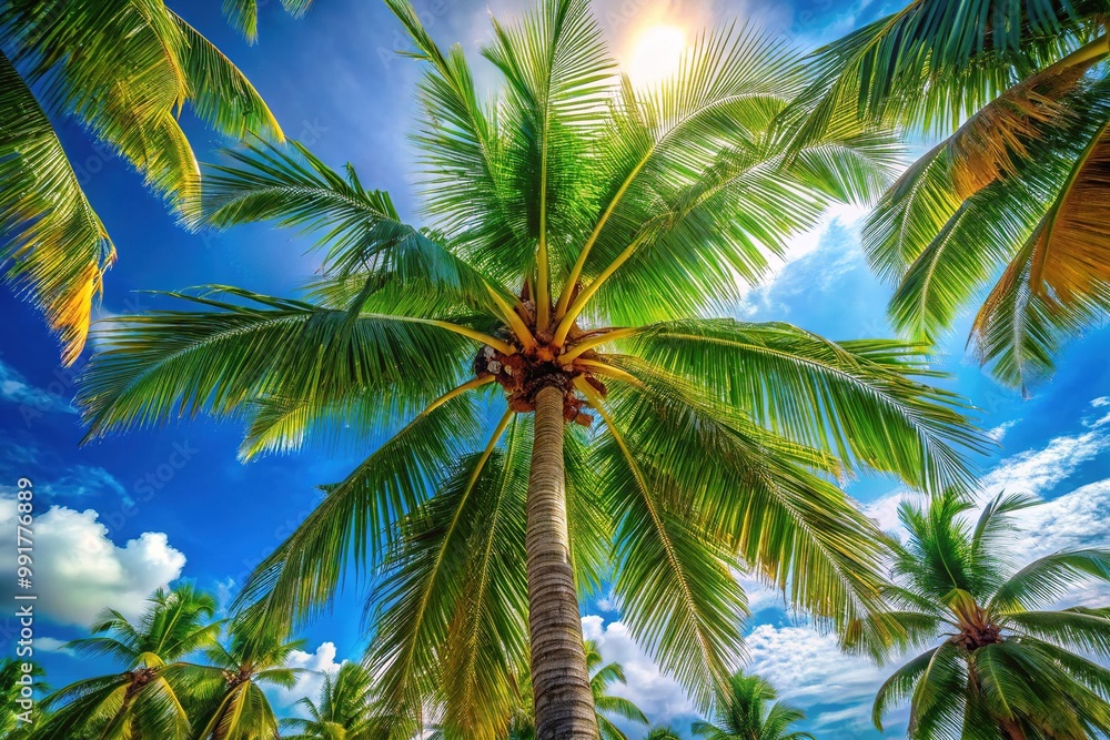 Fototapeta premium Lush Coconut Palm Tree Against a Clear Blue Sky with Tropical Vibes and Serenity in Nature Scene