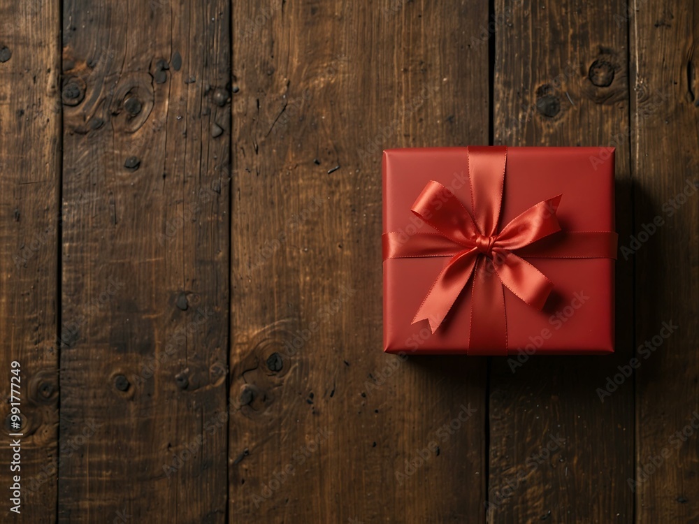 Red gift box on a wooden background. Red gift box on a wooden background.