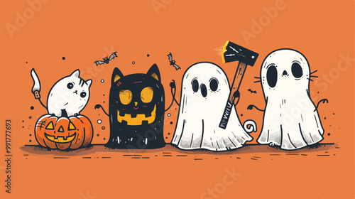 Ghost Pumpkin Head with Baseball Bat Cat with Knife