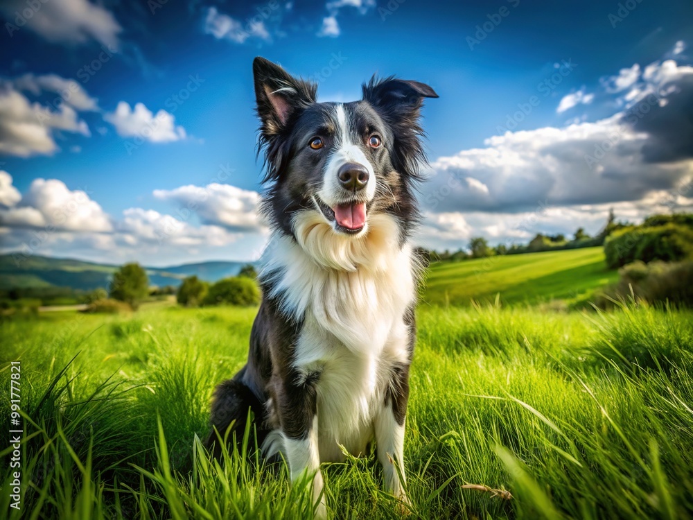 Majestic Black and White Border Collie Sitting Gracefully in a Lush Green Field Under Clear Sky Majestic Black and White Border Collie Sitting Gracefully in a Lush Green Field Under Clear Sky