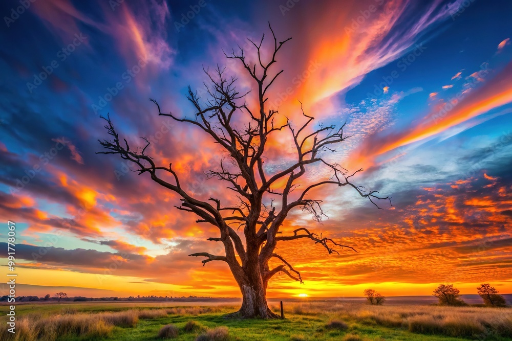 Fototapeta premium Majestic Dead Tree Silhouette Against a Stunning Sunset Sky in a Peaceful Natural Landscape Scene