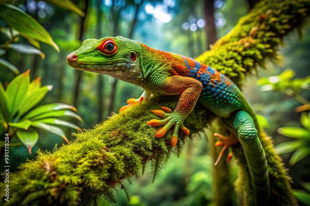 Majestic Giant Gecko Climbing on Tree Branch in Lush Green Tropical Environment of Rainforest Majestic Giant Gecko Climbing on Tree Branch in Lush Green Tropical Environment of Rainforest
