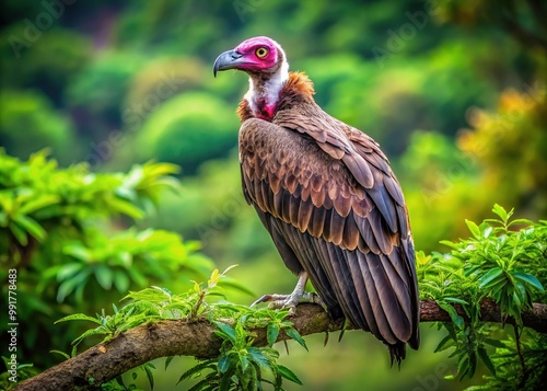 Majestic Hooded Vulture Perched on a Branch in Natural Habitat with Lush Greenery Surrounding It photo