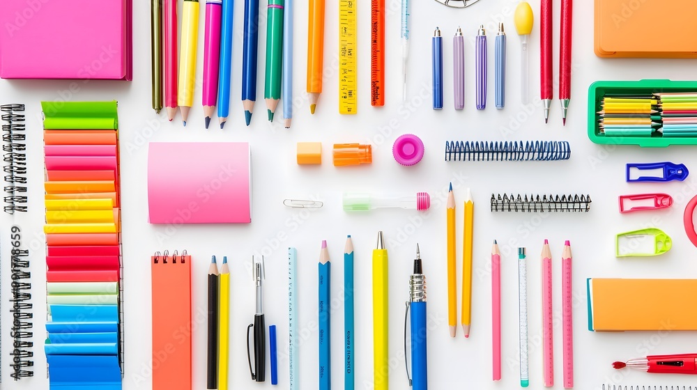 Obraz premium Bright office supplies on a white background, neatly arranged