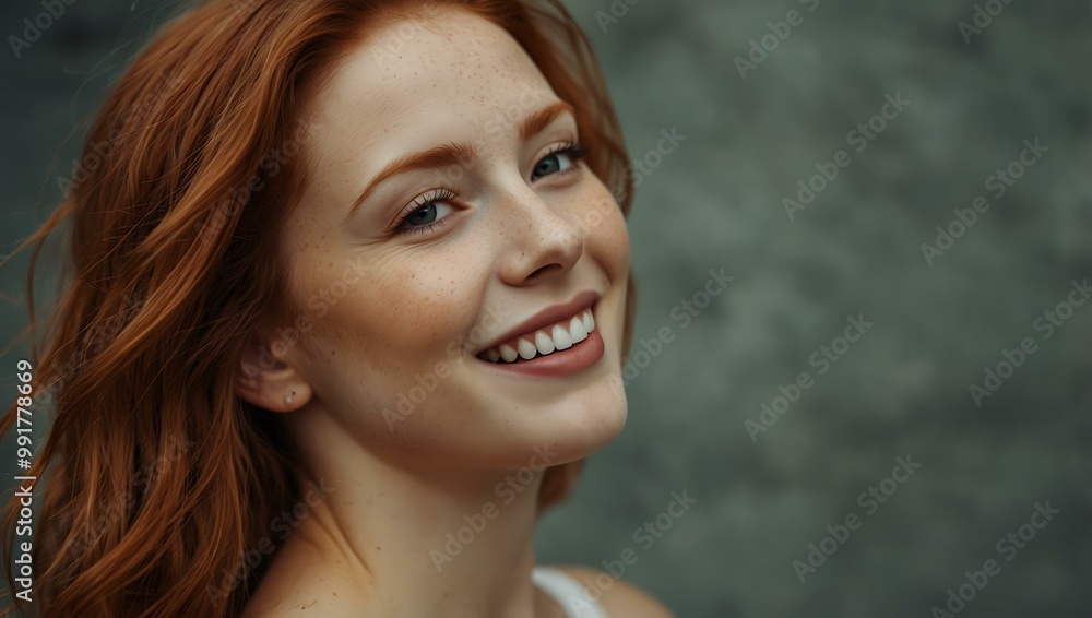 Redhead woman in a breeze, smiling and relaxed. Redhead woman in a breeze, smiling and relaxed.