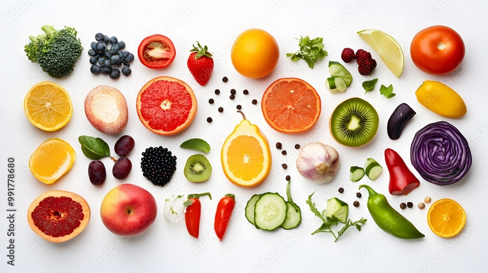 Fresh fruits and vegetables, vibrant colors, white background