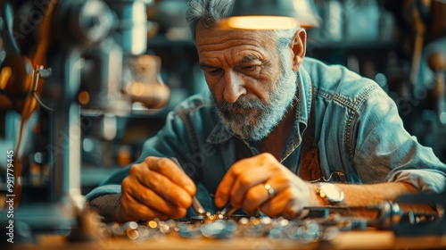 A jeweler works with a stone cutting tool to grind diamonds. A jeweler at work photo