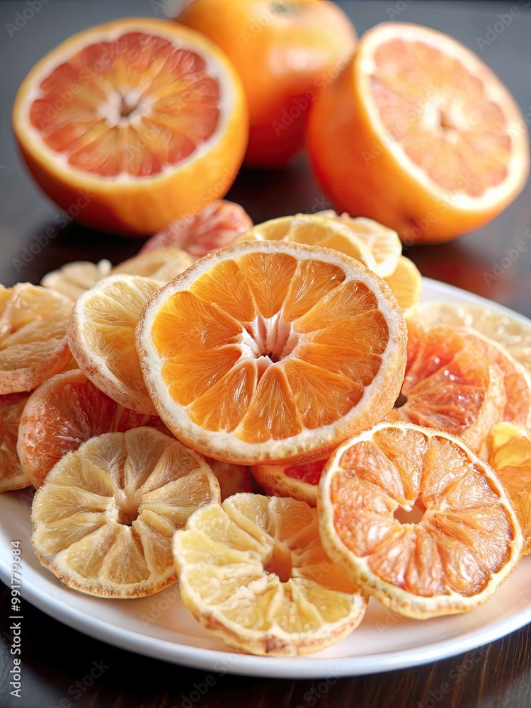 Slices of fresh and dried oranges artfully arranged on a plate. Slices of fresh and dried oranges artfully arranged on a plate.