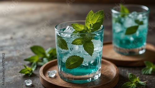 Refreshing mint green summer drink with ice and mint.