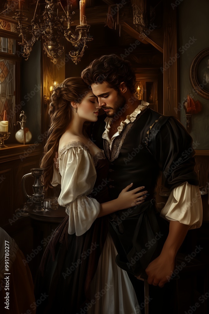 A romantic embrace between a man and woman in a candlelit historical setting in the evening A romantic embrace between a man and woman in a candlelit historical setting in the evening