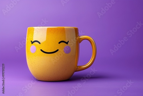 Yellow coffee cup smiling face on purple background