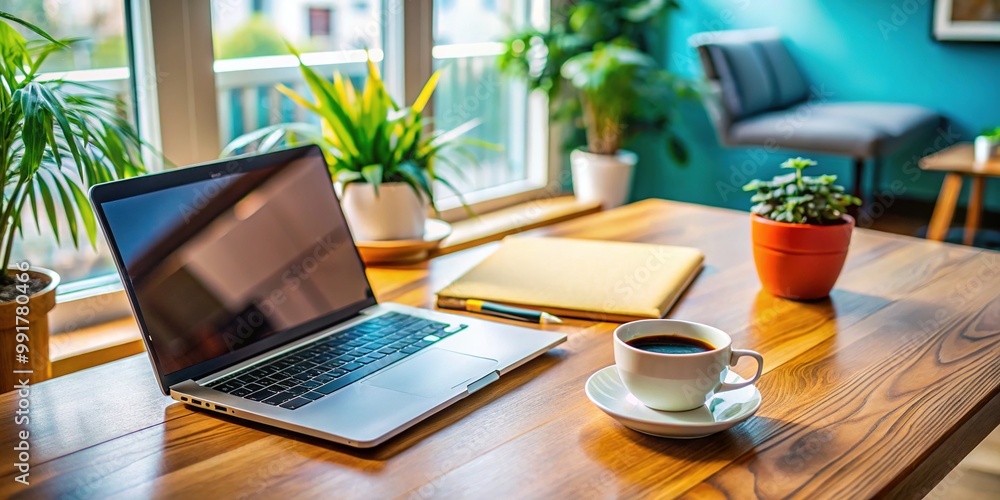 Fototapeta premium Modern office workspace with laptop, notepad, and coffee cup on wooden desk, minimalist design