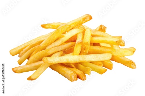 A pile of crispy french fries on a clean white background, perfect for food or snack related concepts photo