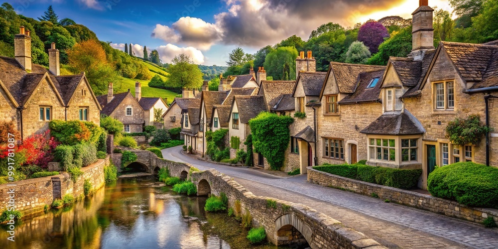 Picturesque Castle Combe Village in England Showcasing Traditional Stone Houses and Scenic Landscape