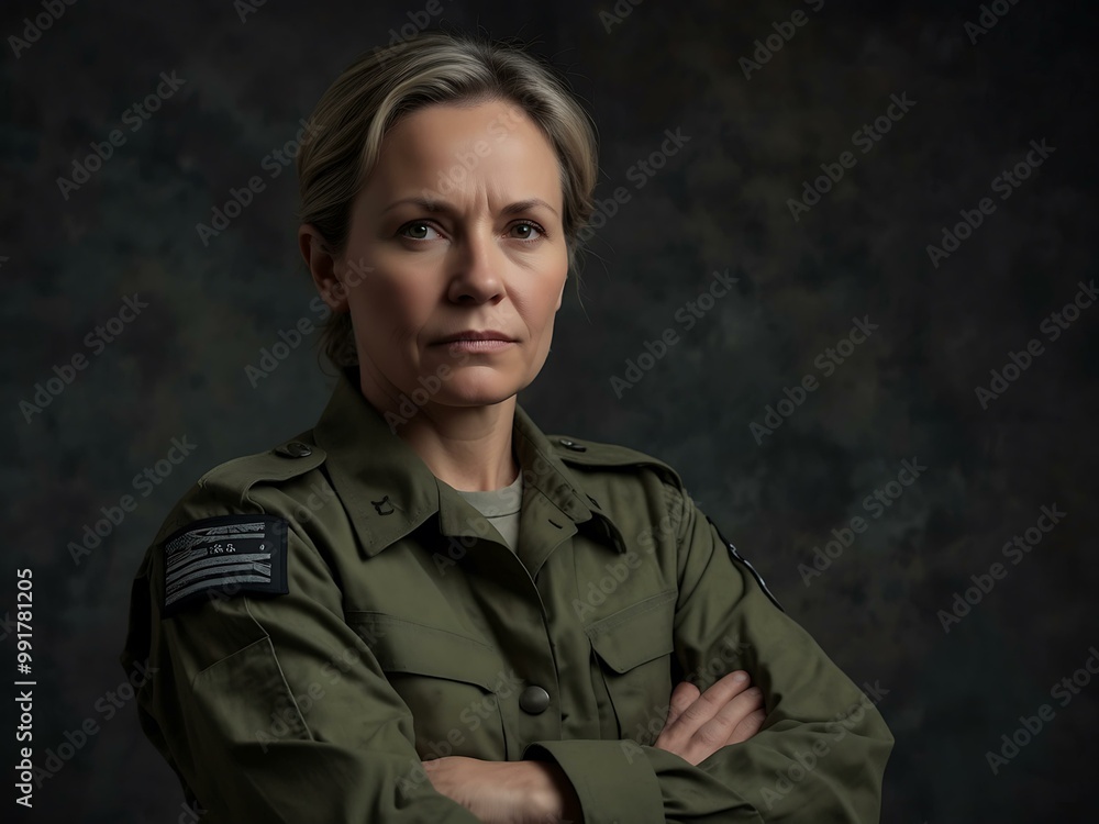 Resolute middle-aged female soldier with crossed arms. Resolute middle-aged female soldier with crossed arms.