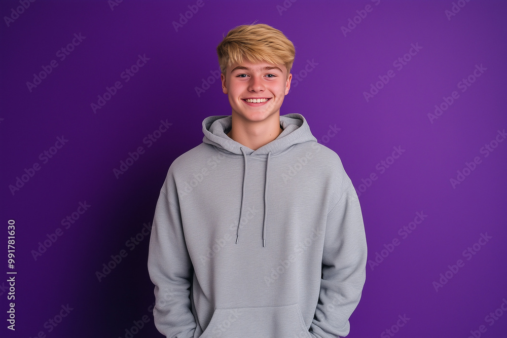 Student in hoodie and sweatpants against purple background with confident smile Student in hoodie and sweatpants against purple background with confident smile