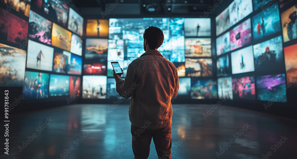 Moderner Mann Social Media mit Smartphone vor einer Wand aus digitalen Bildschirmen – Technologie, Vernetzung und digitale Transformation Moderner Mann Social Media mit Smartphone vor einer Wand aus digitalen Bildschirmen – Technologie, Vernetzung und digitale Transformation