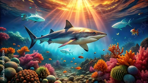 Fototapeta Naklejka Na Ścianę i Meble -  Realistic 3D Shark Model Swimming in Ocean Environment with Coral Reef and Bubbles Surrounding It