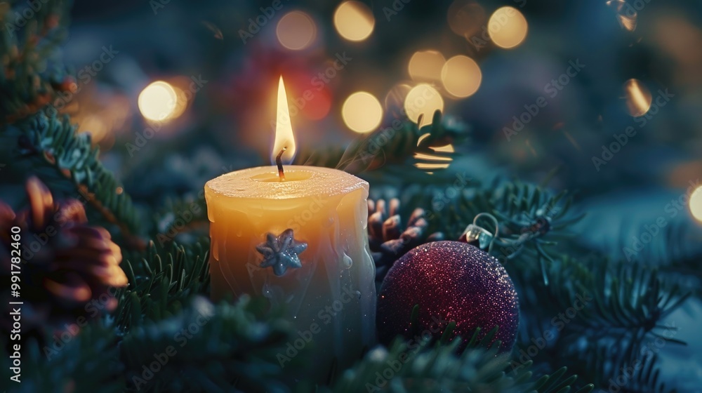 A lit candle sits atop a Christmas tree, providing warm ambiance during the holiday season A lit candle sits atop a Christmas tree, providing warm ambiance during the holiday season