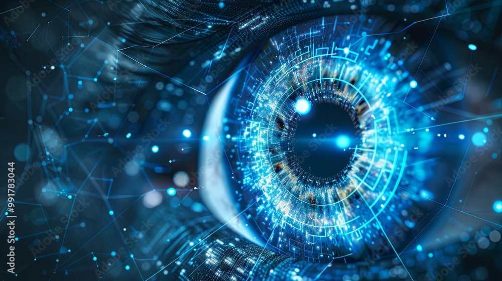 Obraz premium A digital eye representing data networks and cybersecurity technology, set against a vector background