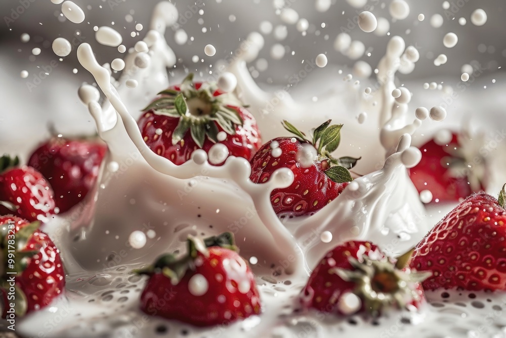 A dollop of milk on top of fresh strawberries A dollop of milk on top of fresh strawberries
