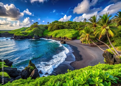 Scenic View of Black Sand Beach and Lush Landscape at Waianapanapa State Park, Maui, Hawaii photo