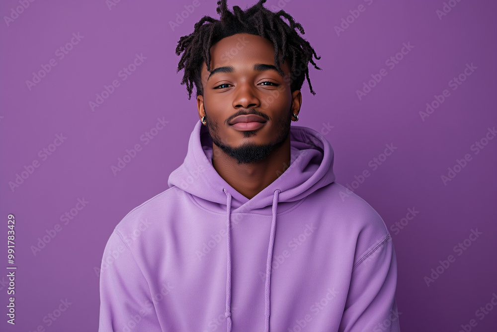 Student in hoodie and sweatpants against purple background with confident smile Student in hoodie and sweatpants against purple background with confident smile