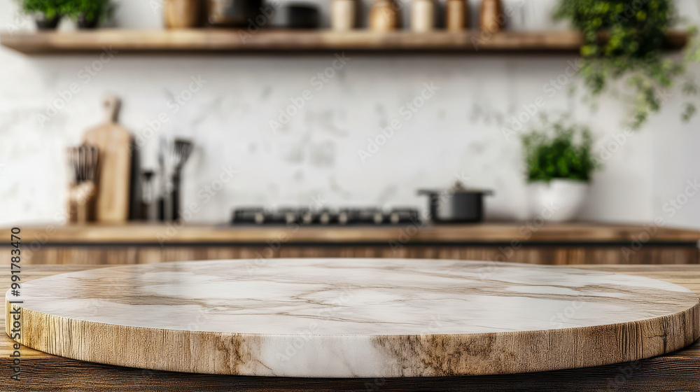 Stylish Marble Tabletop on Wooden Platform with Blurry Background of Kitchen Utensils and Dishes, Light Wall, Morning Warmth, Elegant Cooking Space Mockup for Logo or Design Stylish Marble Tabletop on Wooden Platform with Blurry Background of Kitchen Utensils and Dishes, Light Wall, Morning Warmth, Elegant Cooking Space Mockup for Logo or Design