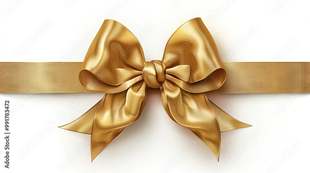 A gold bow and ribbon with a realistic shiny satin finish, casting a shadow. This horizontal ribbon is perfect for decorating wedding invitations, greeting cards, or gift boxes A gold bow and ribbon with a realistic shiny satin finish, casting a shadow. This horizontal ribbon is perfect for decorating wedding invitations, greeting cards, or gift boxes