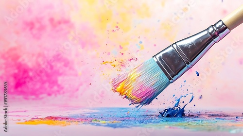 Paintbrush with colorful paint splatters on a white background.