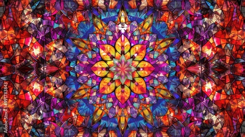 A beautifully crafted kaleidoscopic pattern featuring vibrant colors and ornate motifs, offering a visually stunning backdrop for desktop or interior design.
