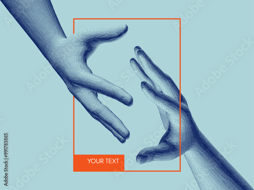 Hands reaching towards each other. Concept of human relation, togetherness or  partnership. 3D vector illustration. Design for banner, flyer, poster, cover or brochure.