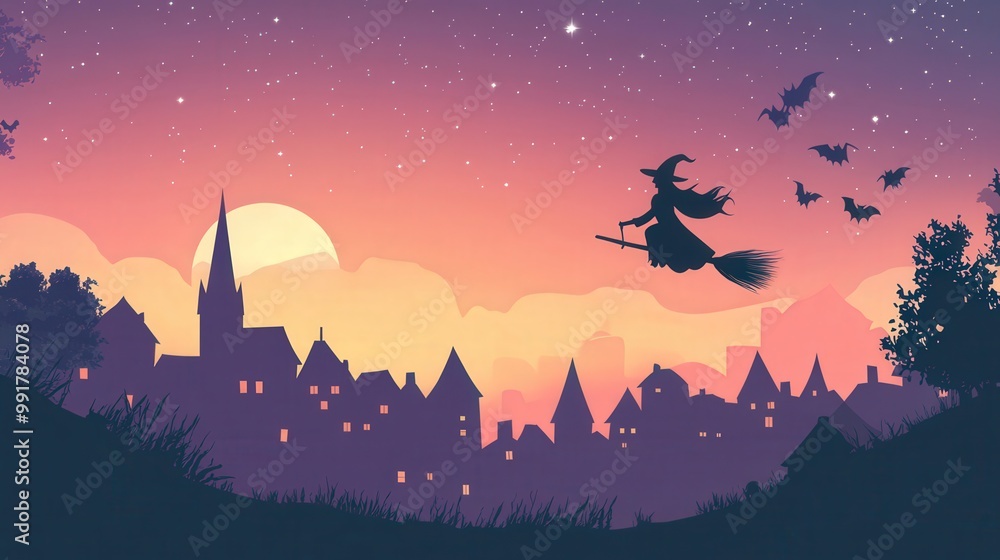 Naklejka premium Enchanting Halloween Night: Minimalist Witch Flying Over Medieval Town
