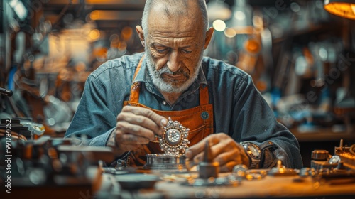 A jeweler works with a stone cutting tool to grind diamonds. A jeweler at work